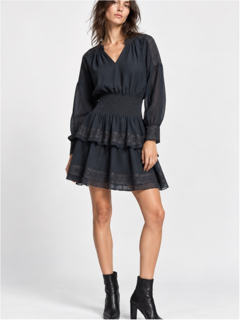 Rebecca Minkoff Black Embroidered Chiffon Tiered Mini Dress Size S Smocked waist